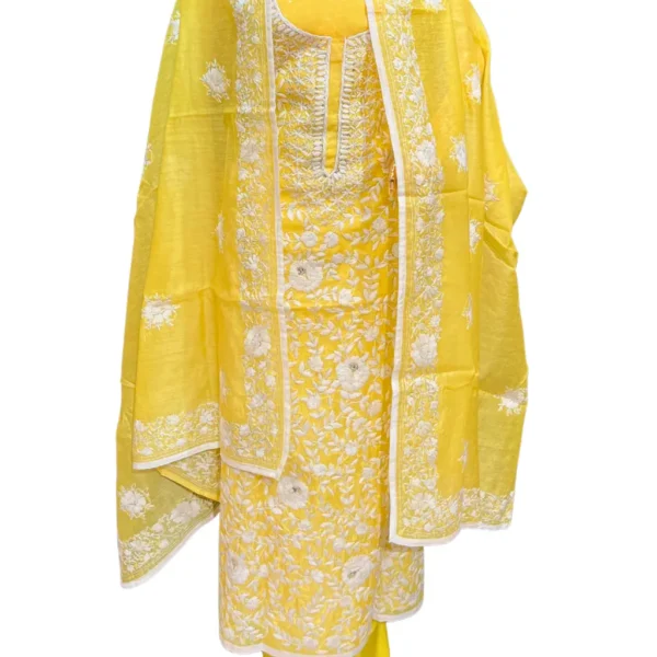 Yellow Cotton Suit with Kantha Phulkari Work - Image 3