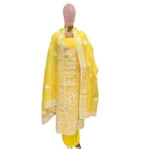 Yellow Cotton Suit with Kantha Phulkari Work