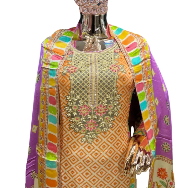 Yellow-Orange Hand-Embroidered Unstitched Linen Cotton Suit