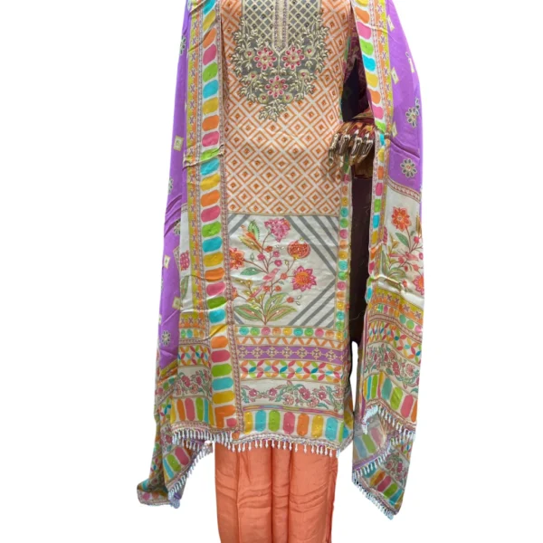 Yellow-Orange Hand-Embroidered Unstitched Linen Cotton Suit - Image 3