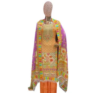 Yellow-Orange Hand-Embroidered Unstitched Linen Cotton Suit