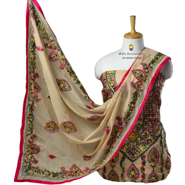 Beige Hand Embroidered Chanderi Cotton Phulkari Suit