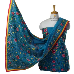 Blue Sapphire Hand Embroidered Chanderi Silk Phulkari Suit