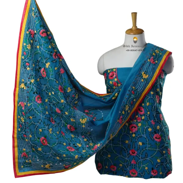 Blue Sapphire Hand Embroidered Chanderi Silk Phulkari Suit