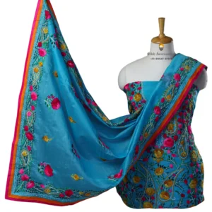 Cerulean Blue Hand Embroidered Chanderi Silk Phulkari Suit