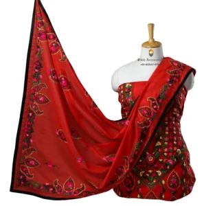 Cherry Red Hand Embroidered Georgette Phulkari Suit