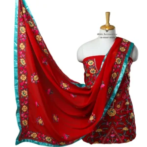 Crimson Red Hand Embroidered Georgette Phulkari Suit