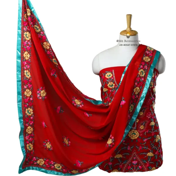 Crimson Red Hand Embroidered Georgette Phulkari Suit