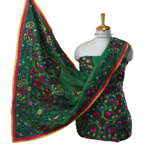 Dark Green Hand Embroidered Chanderi Silk Phulkari Suit
