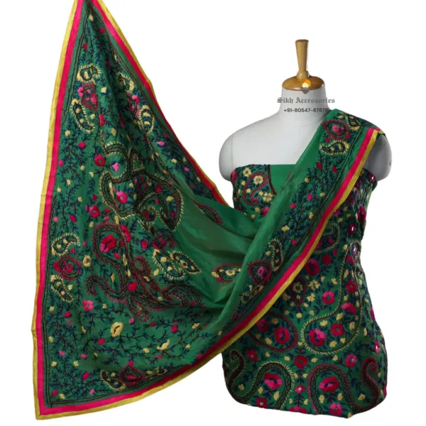 Dark Green Hand Embroidered Chanderi Silk Phulkari Suit