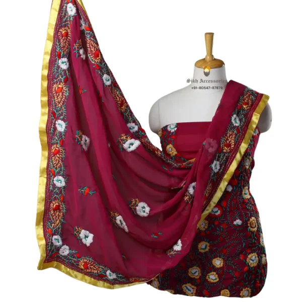 Dark Magenta Hand Embroidered Georgette Phulkari Suit