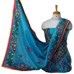 Dell Blue Hand Embroidered Chanderi Silk Phulkari Suit