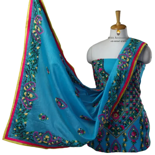Dell Blue Hand Embroidered Chanderi Silk Phulkari Suit