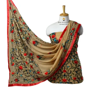 Ecru Brown Hand Embroidered Georgette Phulkari Suit