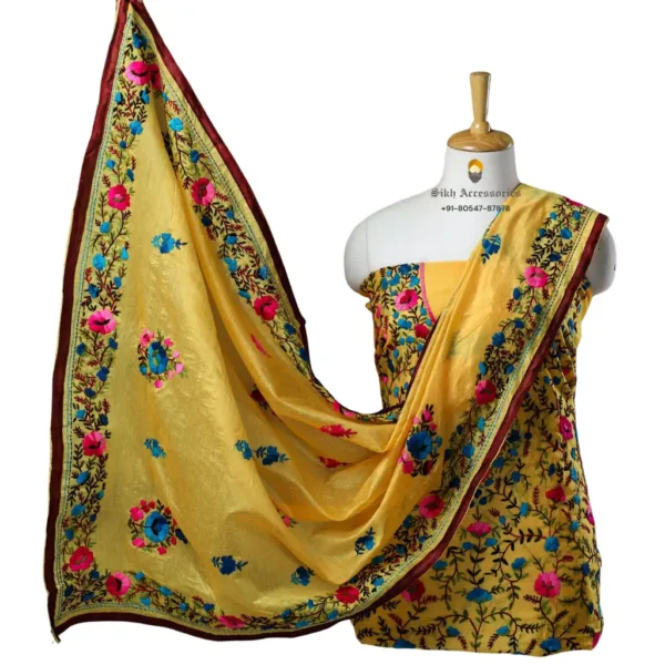 Flax Yellow Hand Embroidered Chanderi Silk Phulkari Suit