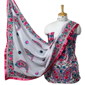 Ghost White Hand Embroidered Georgette Phulkari Suit