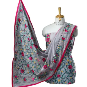 Gray Hand Embroidered Chanderi Silk Phulkari Suit