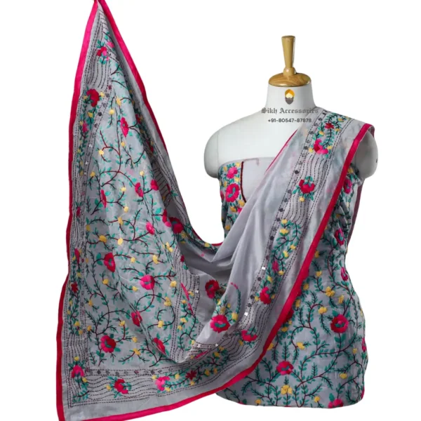 Gray Hand Embroidered Chanderi Silk Phulkari Suit