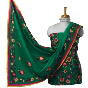 Green Hand Embroidered Chanderi Silk Phulkari Suit