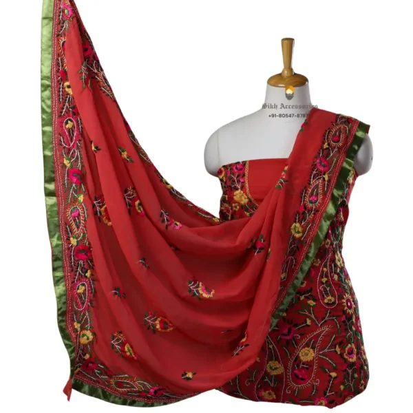 Indian Red Hand Embroidered Georgette Phulkari Suit