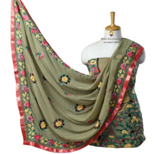 Moss Green Hand Embroidered Georgette Phulkari Suit