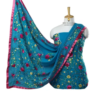 Munsell Blue Hand Embroidered Georgette Phulkari Suit