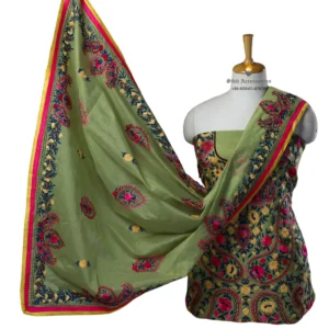Olive Green Hand Embroidered Chanderi Silk Phulkari Suit