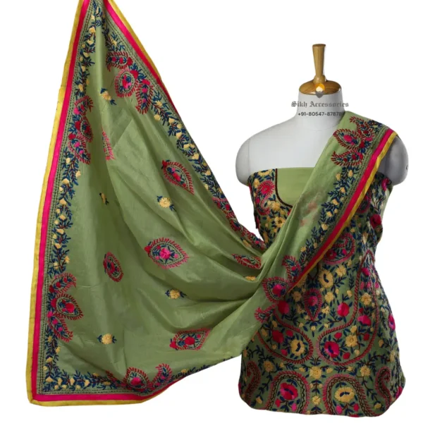 Olive Green Hand Embroidered Chanderi Silk Phulkari Suit