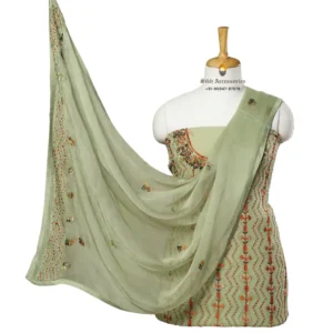 Olive Green Hand Embroidered Chiffon Phulkari Suit