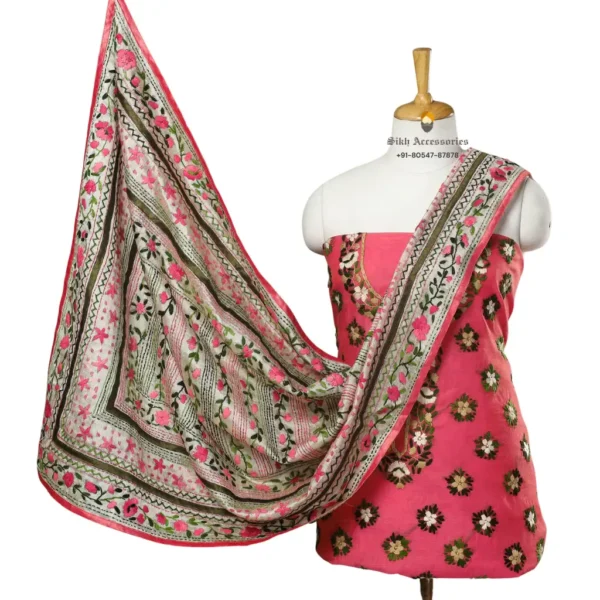 Pink Hand Embroidered Silk Cotton Phulkari Suit