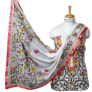 Pure White Hand Embroidered Georgette Phulkari Suit