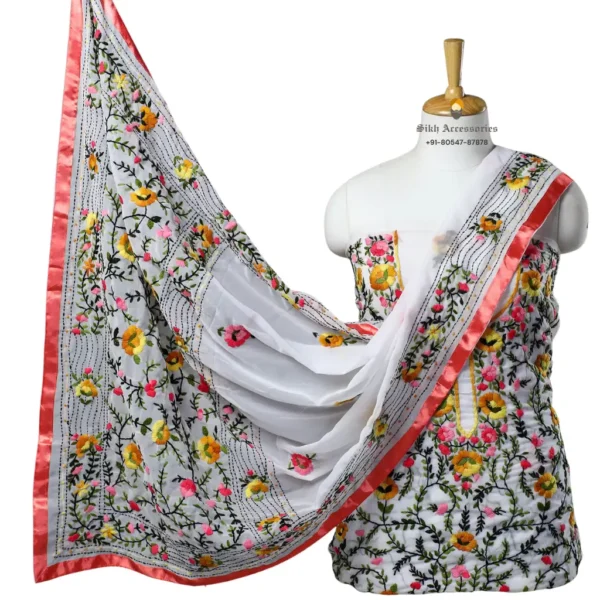 Pure White Hand Embroidered Georgette Phulkari Suit