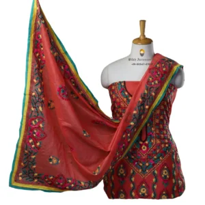 Red Hand Embroidered Chanderi Silk Phulkari Suit