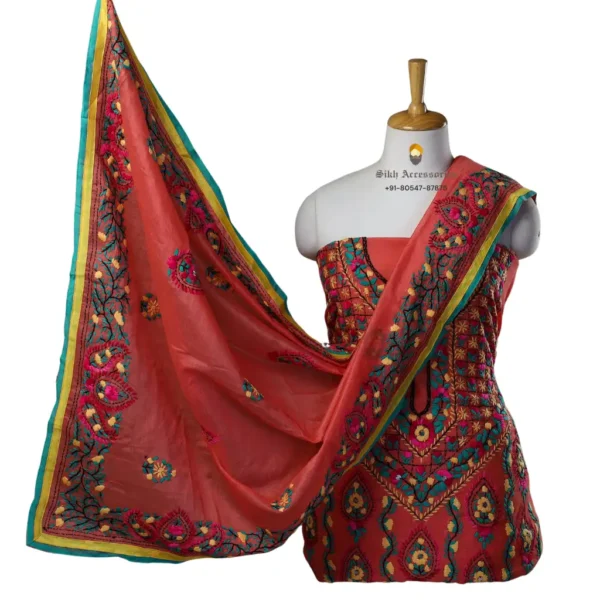 Red Hand Embroidered Chanderi Silk Phulkari Suit