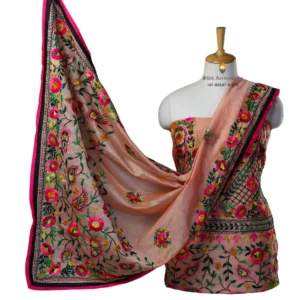 Salmon Pink Hand Embroidered Chanderi Silk Phulkari Suit