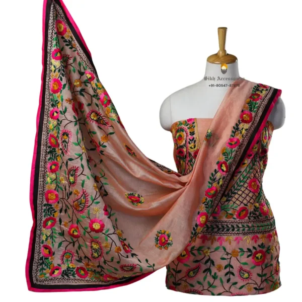 Salmon Pink Hand Embroidered Chanderi Silk Phulkari Suit