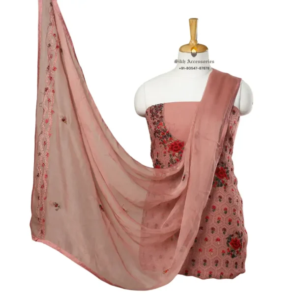 Strawberry Pink Hand Embroidered Chiffon Phulkari Suit