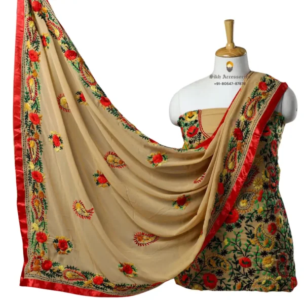 Tan Brown Hand Embroidered Georgette Phulkari Suit