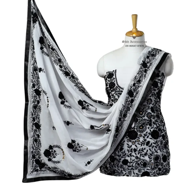 White & Black Hand Embroidered Georgette Phulkari Suit