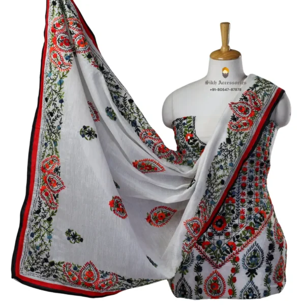 White Hand Embroidered Chanderi Silk Phulkari Suit