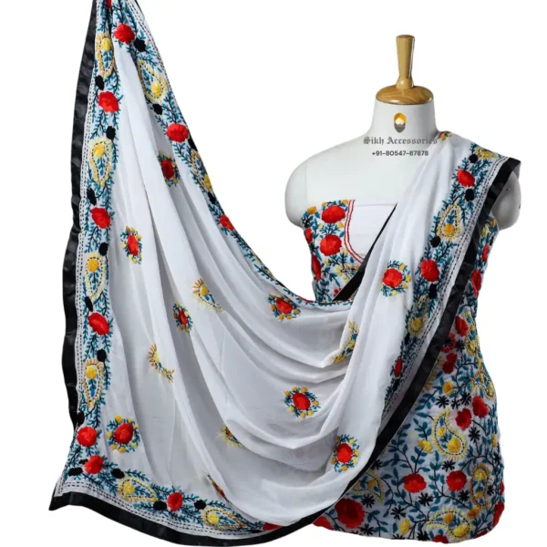 White Hand Embroidered Georgette Phulkari Suit
