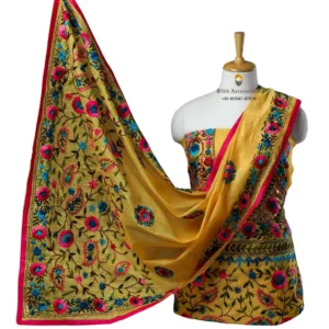Yellow Hand Embroidered Chanderi Cotton Phulkari Suit