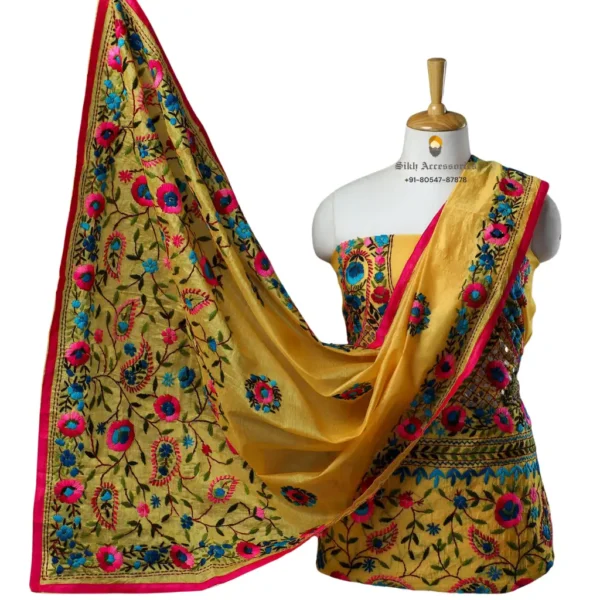 Yellow Hand Embroidered Chanderi Cotton Phulkari Suit