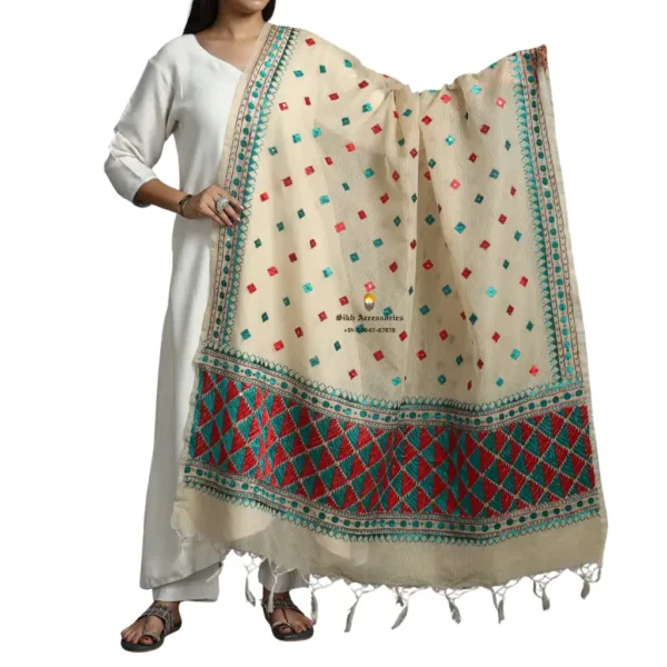 Beige Chanderi Silk Cotton Punjabi Phulkari Dupatta