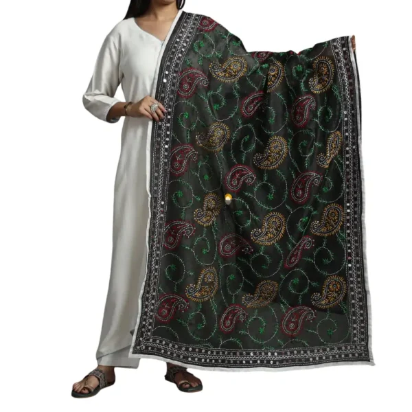 Black Ranihati Chanderi Silk Punjabi Phulkari Dupatta