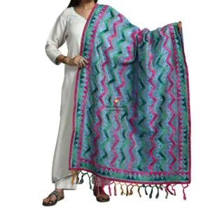 Blue Gray Ranihati Chanderi Silk Punjabi Phulkari Dupatta
