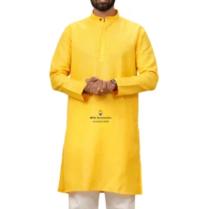 Bright Yellow Full Length Cotton Kurta For Men