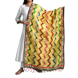 Butter Yellow Ranihati Chanderi Silk Punjabi Phulkari Dupatta