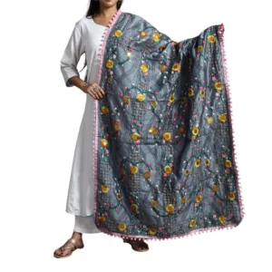 Gray Ranihati Chanderi Silk Punjabi Phulkari Dupatta