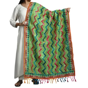 Green Ranihati Chanderi Silk Punjabi Phulkari Dupatta